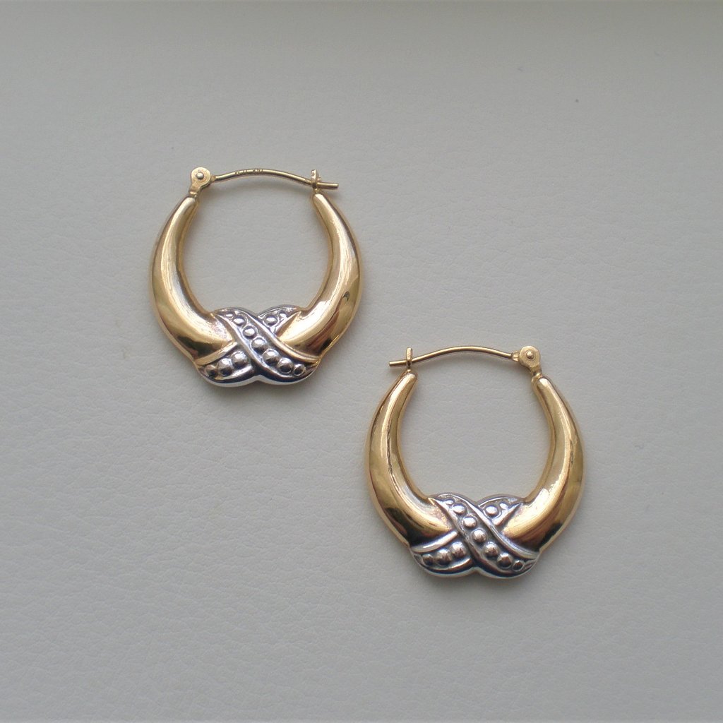 Vintage Designer Solid 14k Two Tone Yellow White Gold Hoop Pierced Earrings